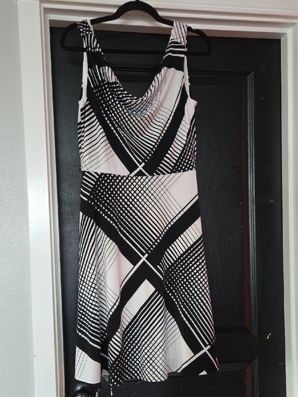 White House Black Market Black and White Geometric Plaid Cowl Neck Midi Dress 6